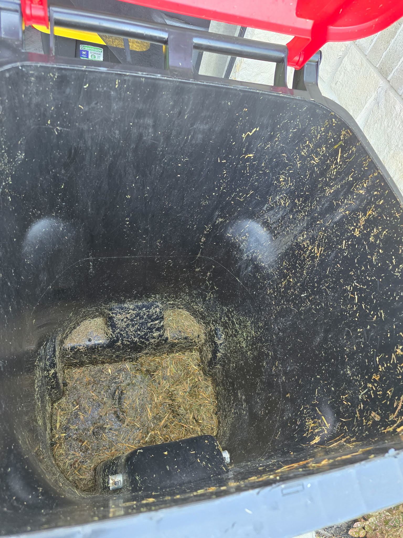 Inside of a trash bin before cleaning, with grass and residue on the walls and bottom